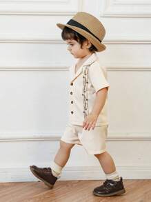 SHEIN Baby Boy 2pcs/Set Lapel Collar Short Sleeve Casual Shirt With Embroidery And Elastic Waist Solid Color Straight Shorts Set - Apricot - View 7