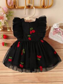 SHEIN Glamorique Kids Baby Girl Pink Strawberry Foil & Tulle Puff Dress, Popular Item - Black - View 2