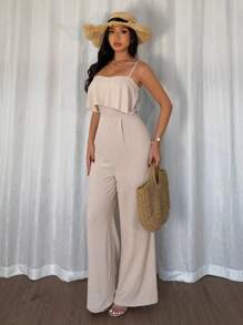 Chiquease Women's Fashion Versatile Ruffle Spaghetti Strap Jumpsuit With Crinkle Textured Fabric, Fitted Waist & Straight Leg