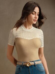 Anewsta Women's Elegant Romantic Modern Sheer Mesh Gold Sequin T-Shirt Top Blouse, Suitable For Spring/Summer Outfits