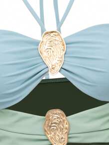 Swim Oasis 2pcs Set Women's Solid Color Metal Accent Hollow Out Halter Onepiece Swimsuit & Mesh Coverup Skirt Beach Suit For Summer Beach Vacation - Multicolor - View 3