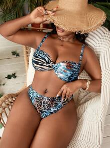Slaydiva 2pcs Plus Size Women Leopard Print Spaghetti Strap Twist Front Crop Top & Triangle Bikini Set, Vacation Vibe For Summer