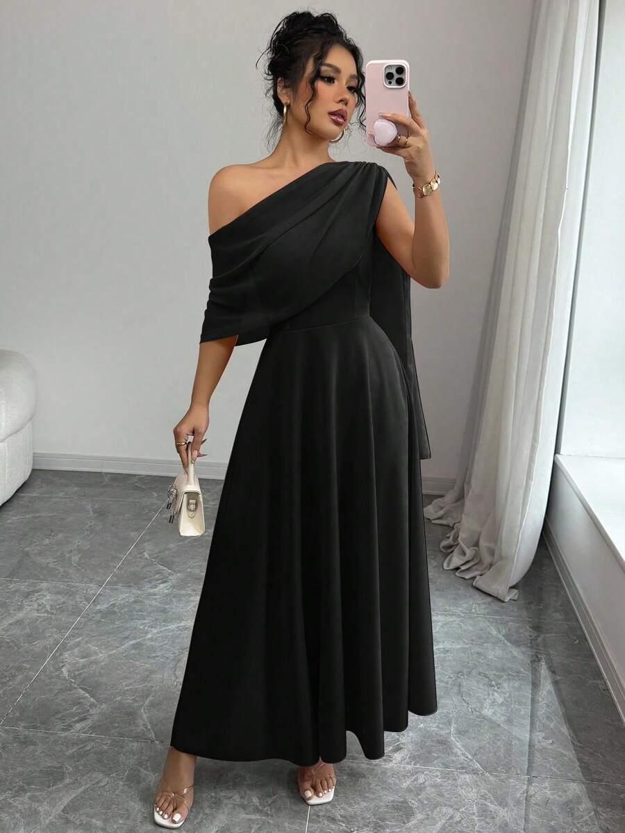 Rafferiza French Elegant Style Versatile Fashion Asymmetrical Asymmetric Neck Sheer Chiffon Draped A-Line Midi Dress, Pink, For Women, Spring/Summer - Black - View 1
