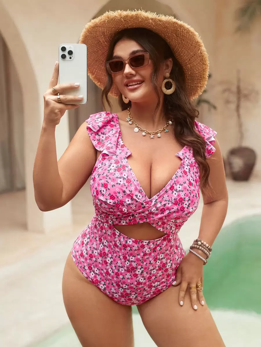 Swim Mod Plus Size Women's 1pc Ditsy Floral Criss-Cross Strap Flounce Hem Fashionable Beach Vacation Casual Active One-Piece Swimsuit For Summer - Multicolor - View 1