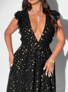 Viva Relle Robe à encolure en V profond, volants à l'ourlet, imprimé à pois métallique, mode et sexy, grande taille