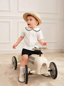 Souflis Souflis 夏季休闲 2 件套男婴高领双排扣衬衫和短裤套装 - 黑色 - 查看 1