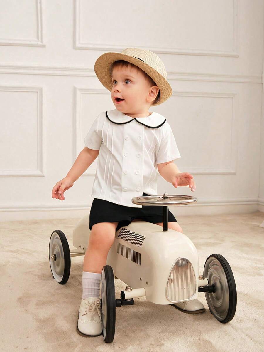 Souflis Souflis 夏季休闲 2 件套男婴高领双排扣衬衫和短裤套装 - 黑色 - 查看 1