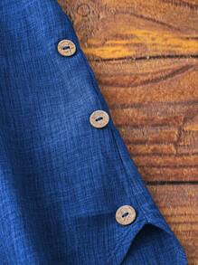 大码度假休闲纯色 V 领卷袖衬衫 - 藍色 - 查看 5