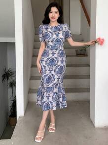 DAZY Vestido corto de estilo vacacional de manga corta con estampado floral de verano con volantes para mujer