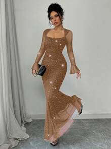 Rafferiza 优雅派对不对称领口褶皱前侧紧身美人鱼下摆长袖喇叭袖口连衣裙，女士黑色，秋冬，提花针织网眼面料配银箔长款女装 - 咖啡棕 - 查看 8