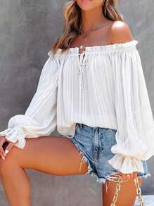 SHEIN VCAY Blusa suelta con hombros descubiertos, volantes y lazo delantero en unicolor para mujer - Blanco - Ver 5