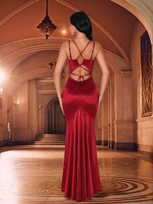 SHEIN Belle Deep Red Solid Color Sexy Backless Crisscross Strap V-Neck Fishtail Party Evening Dress, Elegant Maxi Wedding Guest Dress Music Festival Spring/Summer, Formal Dress,Gown - Burgundy - View 2
