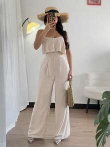 Chiquease Women's Fashion Versatile Ruffle Spaghetti Strap Jumpsuit With Crinkle Textured Fabric, Fitted Waist & Straight Leg