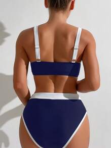 Swim SPRTY Women Summer Beach Fashion Color Block Bikini Set Two Pieces Swimsuithigh Waisted Bikini Set - Navy Blue - View 2