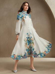 Anewsta Abito lungo con maniche lunghe e stampa floreale romantica ed elegante per le donne, adatto per le vacanze primaverili ed estive - Bianco - Visualizzare 7