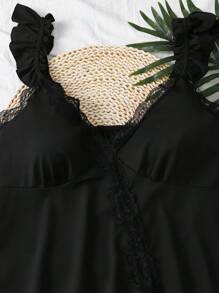 INAWLY Plus Size Casual Solid Color Lace Trim Camisole - Black - View 6