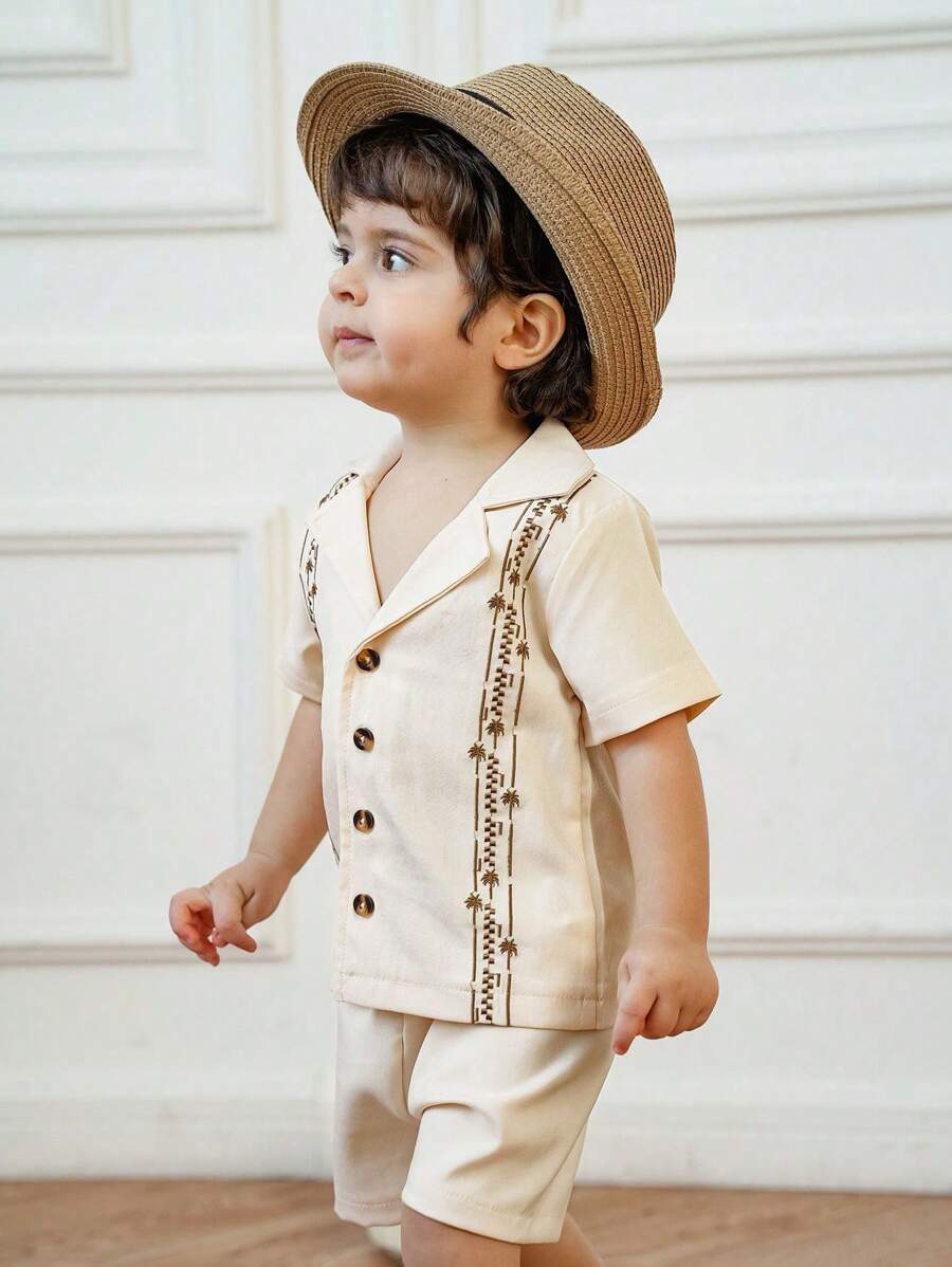 SHEIN Baby Boy 2pcs/Set Lapel Collar Short Sleeve Casual Shirt With Embroidery And Elastic Waist Solid Color Straight Shorts Set - Apricot - View 1