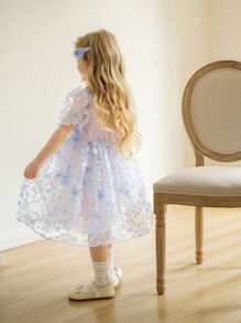 Elladie kids Newly Launched Little Girl's Round-Neck Short-Sleeved Three-Dimensional Butterfly Net Yarn Cinched-Waist Dress For Formal Occasions. It's Comfortable, Fashionable, Elegant, Sweet, Lovely, Like A Princess Dress For A Lady. - Blue - View 2