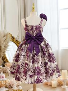 SHEIN Tween Girl Elegant One-Shoulder 3D Flower Contrast Waist Sleeveless Dress - Purple - View 9