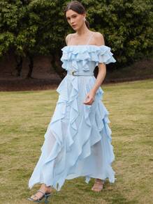 Anewsta Váy trễ vai nhiều lớp xếp nếp bằng vải chiffon đính đá thời trang & thanh lịch dành cho nữ, thích hợp cho các lễ hội, đi chơi, trang phục đi nghỉ vào mùa xuân/hè - Màu xanh nhạt - Xem 5