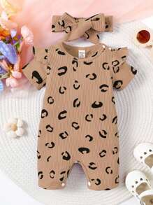 SHEIN Baby Girls Comfortable Printed Romper, Suitable For Summer - Brown - View 4