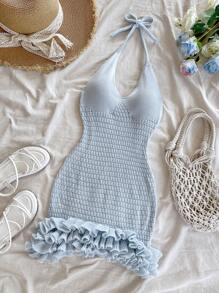 Soleia Vacation Halter Backless Ruffle Trim Knit Sweater Dress - Baby Blue - View 5