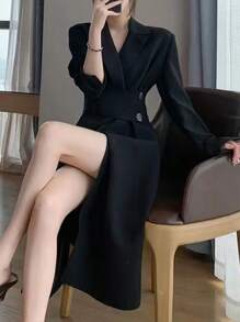 Vestido negro ajustado de estilo blazer para mujer - Negro - Ver 3