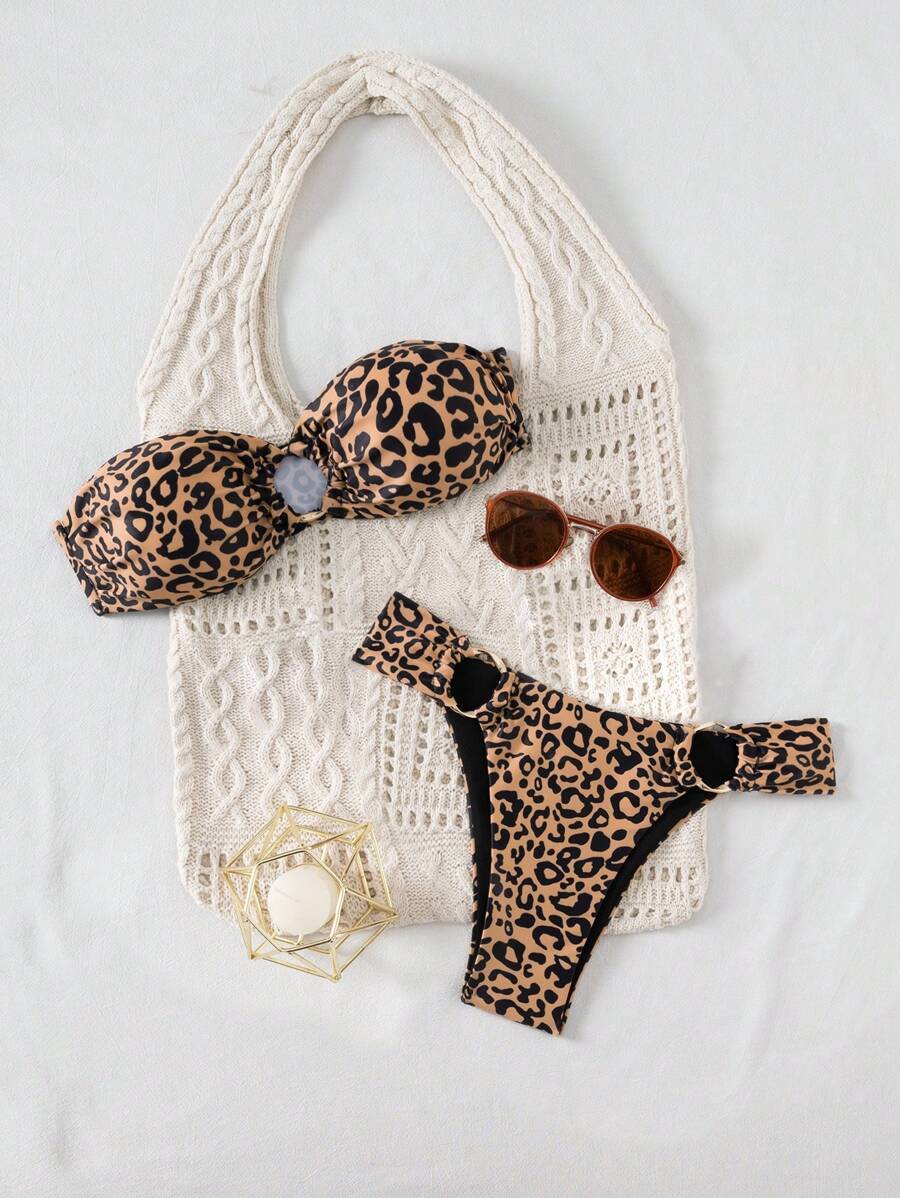 SHEIN Swim 2 件套春假豹纹褶皱抹胸比基尼带金环高开叉泳裤性感女士比基尼套装