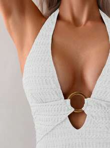 Swim Chiccia 1pc Women's Sexy Deep V-Neck Halter Textured Fabric One-Piece Swimsuit, Summer