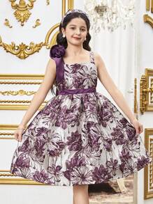 SHEIN Tween Girl Elegant One-Shoulder 3D Flower Contrast Waist Sleeveless Dress - Purple - View 3