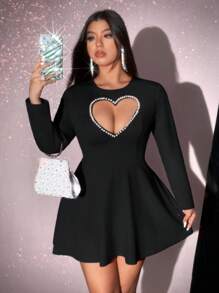 Viva Relle Plus Size Women Heart Decor Solid Color Long Sleeve Casual Dress,Valentine