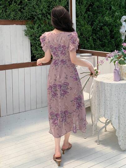 DAZY Đầm dài ngang gối cổ chữ V họa tiết hoa nhí cho nữ, thích hợp cho ngày Valentine, váy hè, trang phục đi nghỉ mát, lễ Phục sinh, phong cách Boho.