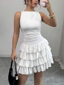 Chiquease 性感修身高领多层荷叶边下摆 AB 材质拼布白色连衣裙，女式，春夏 - 白色 - 查看 6