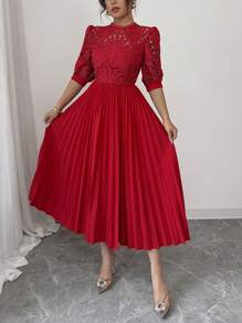 Rafferiza Vestido elegante de manga corta, plisado, de color liso y corte sencillo de moda - Rojo - Ver 7