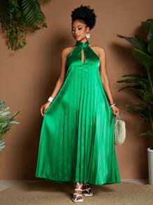 Maweii Plus Size Tie-Neck Ruched Long Dress For Vacation - Green - View 5