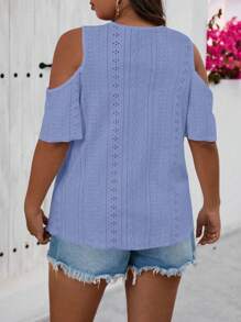 SHEIN LUNE Plus Size Metallic Decor Jacquard Cold Shoulder Top For New Year Clothes - Dusty Blue - View 2