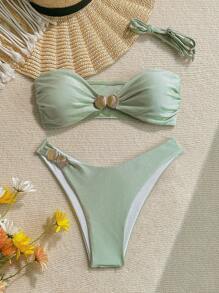 Swim Vcay 1 Set Solid Color Shiny Beach Bikini For Women, Suitable For Spa & Resort For Summer Beach Vacation - Mint Green - View 5