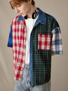 Manfinity RebelGame Men's Woven Patchwork Casual Long Sleeve Loose Shirt, & Young