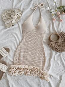 Soleia Vestido de suéter con volantes en el bajo y espalda descubierta, ideal para vacaciones - Albaricoque - Ver 3