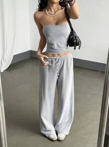 StreetHx 女士斜条纹紧身胸衣短款上衣 + 低腰长裤 2 件套 - 黑與白 - 查看 6