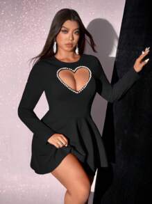 Viva Relle Plus Size Women Heart Decor Solid Color Long Sleeve Casual Dress,Valentine