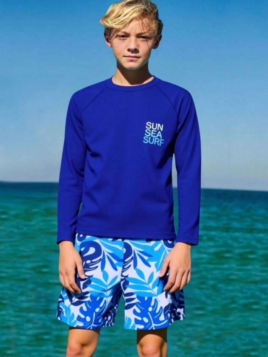 SHEIN Traje de baño informal y minimalista de un solo color para niño preadolescente - Azul Marino - Ver 1