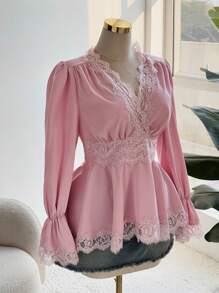 Flirla Plus Size Solid Color Splicing Long Sleeve Simple Casual Shirt