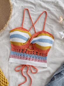 Soleia Débardeur tricoté ajouré rayé coloré pour femmes pour les vacances
