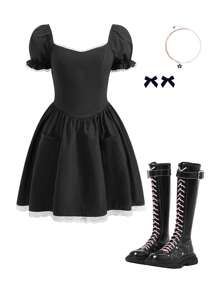 SHEIN Teen Girl's Black Elegant Square Neck Puff Sleeve Ruffle Trim Color Block Skater Dress - Black - View 2