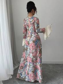 Modelyn Women's Woven Printed Patchwork Solid Color Double-Layer Ruffle Long Sleeve Bodycon Dress Fall Cloth For Women - Pink - View 2