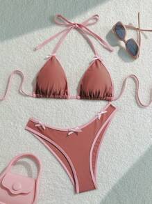 SHEIN Swim 2pcs Dusty Pink & Light Pink Trim Bowknot Fashionable Bikini Set, Women Beach Clothes Outfits, Summer Vacation Bathing Suit - Multicolor - View 1