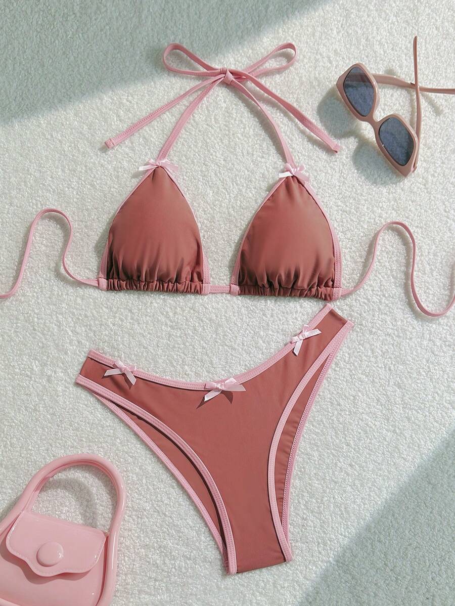 SHEIN Swim 2pcs Dusty Pink & Light Pink Trim Bowknot Fashionable Bikini Set, Women Beach Clothes Outfits, Summer Vacation Bathing Suit - Multicolor - View 1