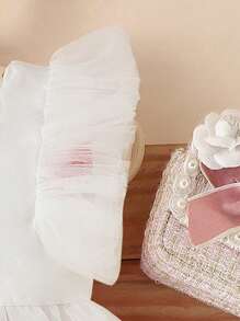 SHEIN Glamorique Kids 女婴粉色金属草莓和薄纱泡泡袖连衣裙，流行款式 - 白色 - 查看 4