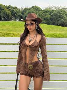 SHEIN EZwear 女式蕾丝长袖不对称下摆露背上衣和短裤两件套，西式 - 棕色 - 查看 6